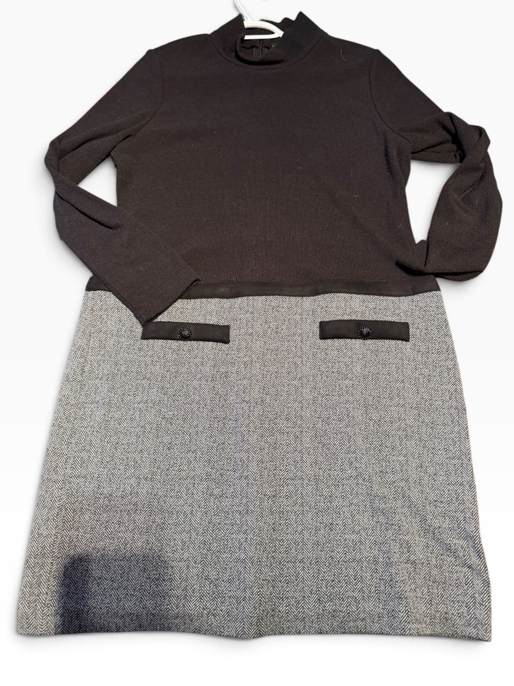 Karl Lagerfeld Black Knit Top with Gray Herringbone Skirt Dress